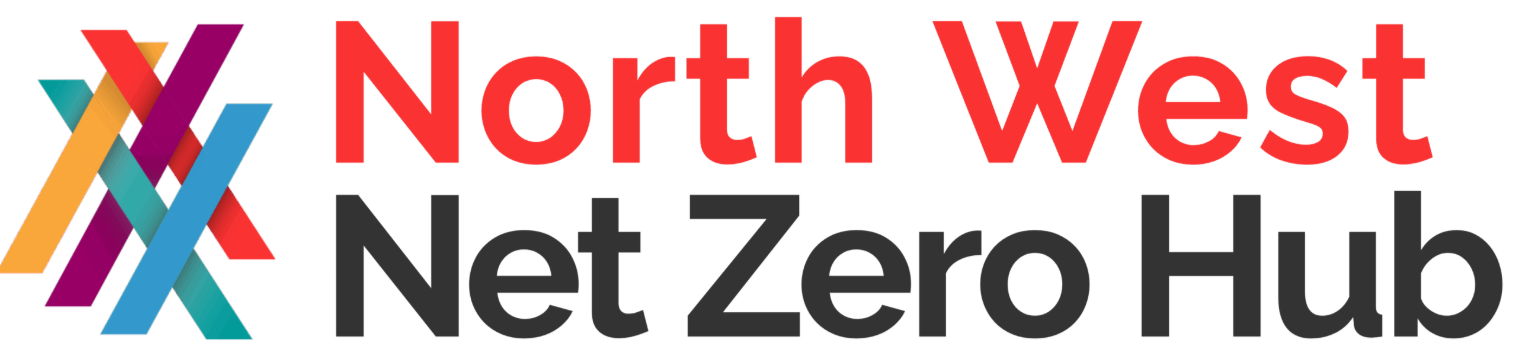 North West Net Zero Hub logo with stylized multicolored interconnected lines and red and black text.