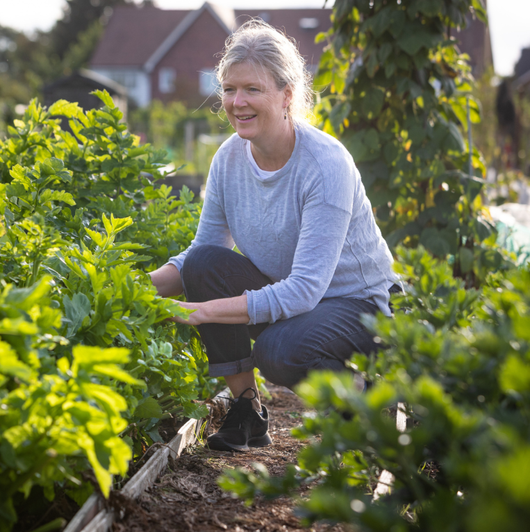 A woman gardening outdoors, crouching between green plants with a house in the background, smiling in a casual gray long-sleeve shirt and jeans.