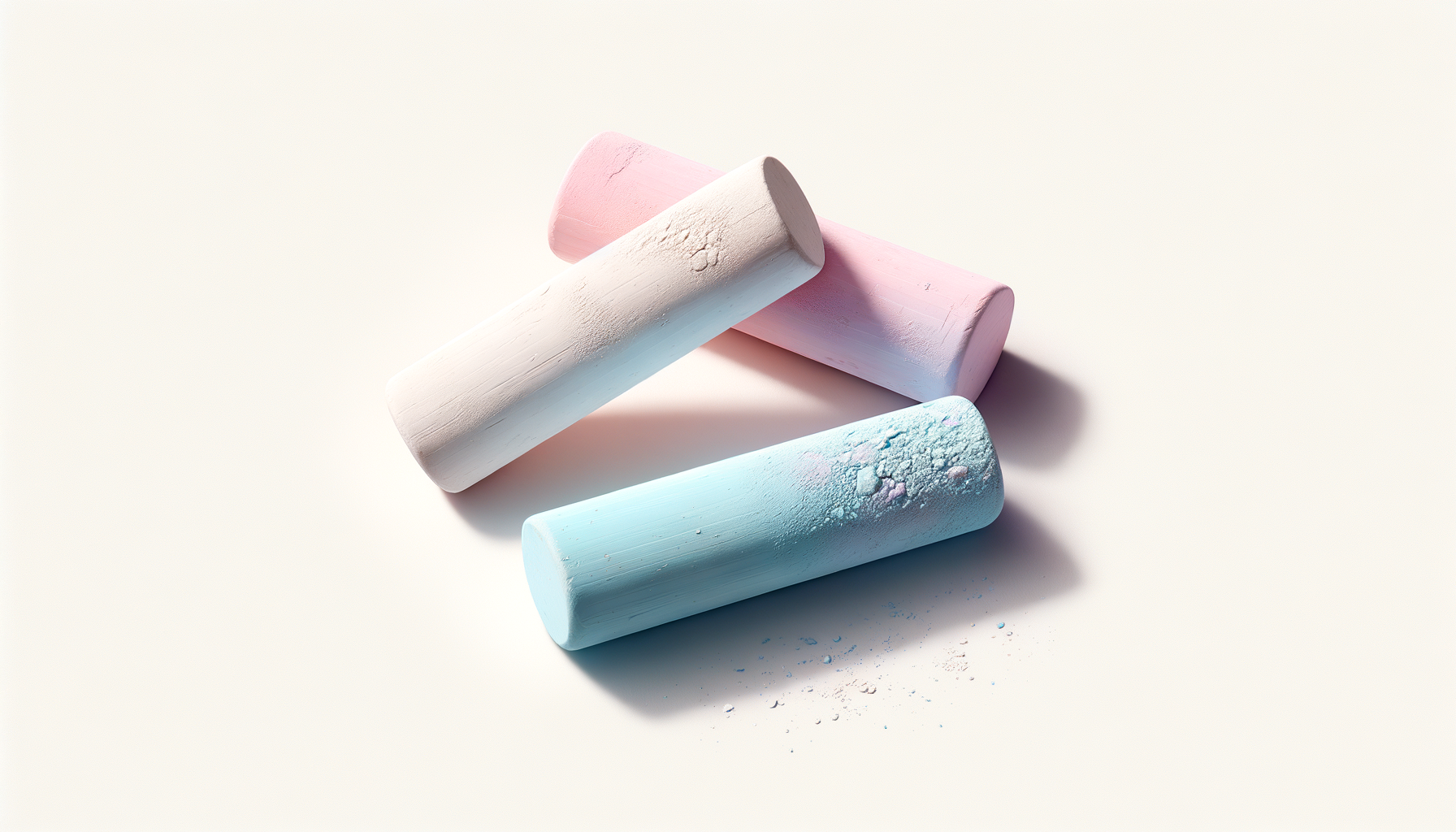 Colorful pastel chalk sticks in pink, white, and blue, with chalk dust on surface and a shadow on light background.