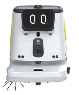 A white delivery robot with a black facial display showing two eyes, equipped with sensors and a camera, designed for autonomous deliveries.
