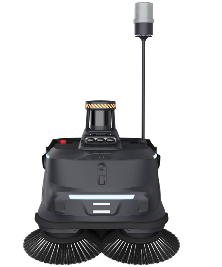 Autonomous cleaning robot with rotating brushes, sensors, and a charging station with an antenna.