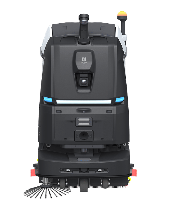 A modern autonomous cleaning robot with a black and gray body, equipped with brushes and sensors, designed for floor cleaning.