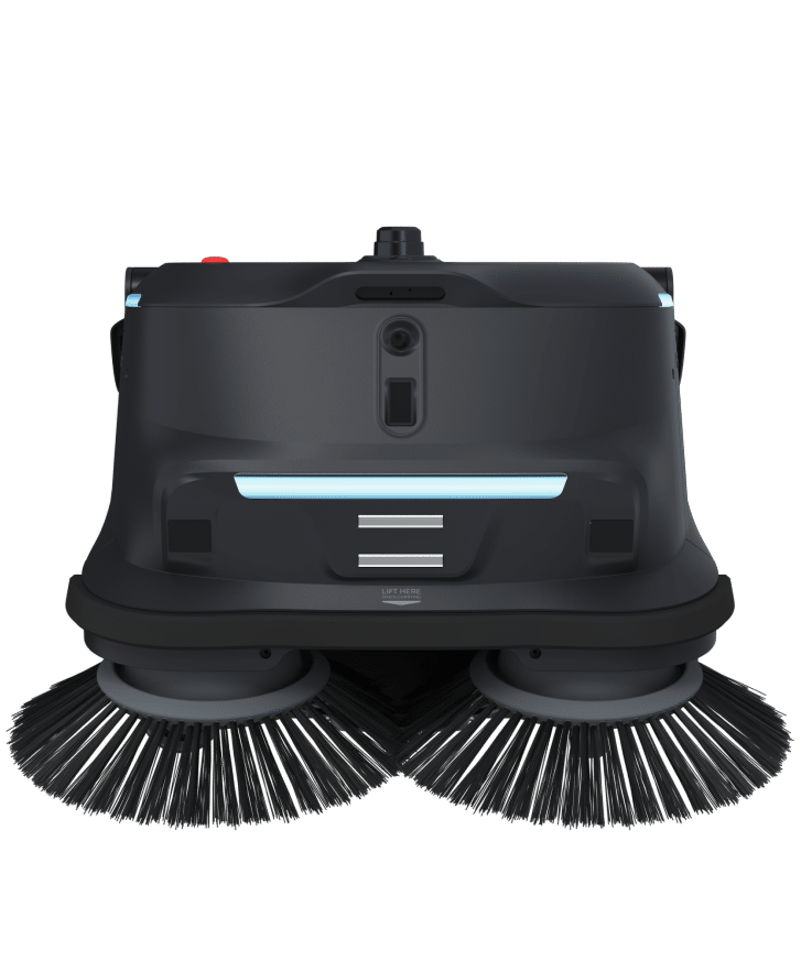 Autonomous floor cleaning robot with two rotating brushes on a black background