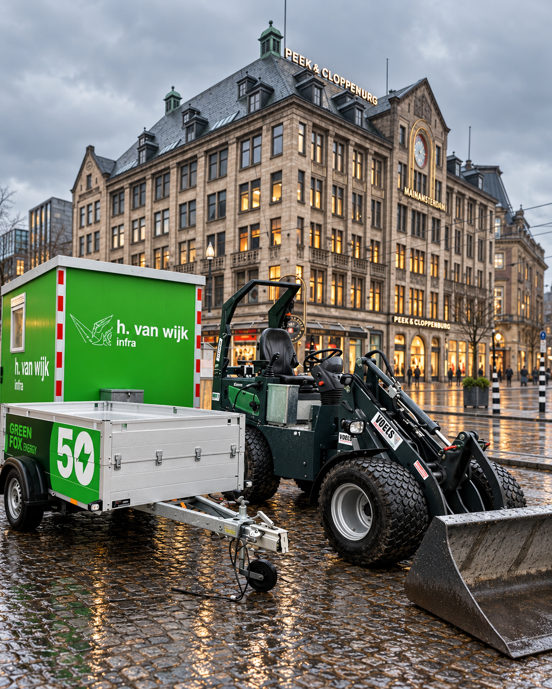 Mobiele Battery Trailer van Green Fox Energy voor emissievrije tijdelijke stroom op een bouwplaats in Amsterdam.