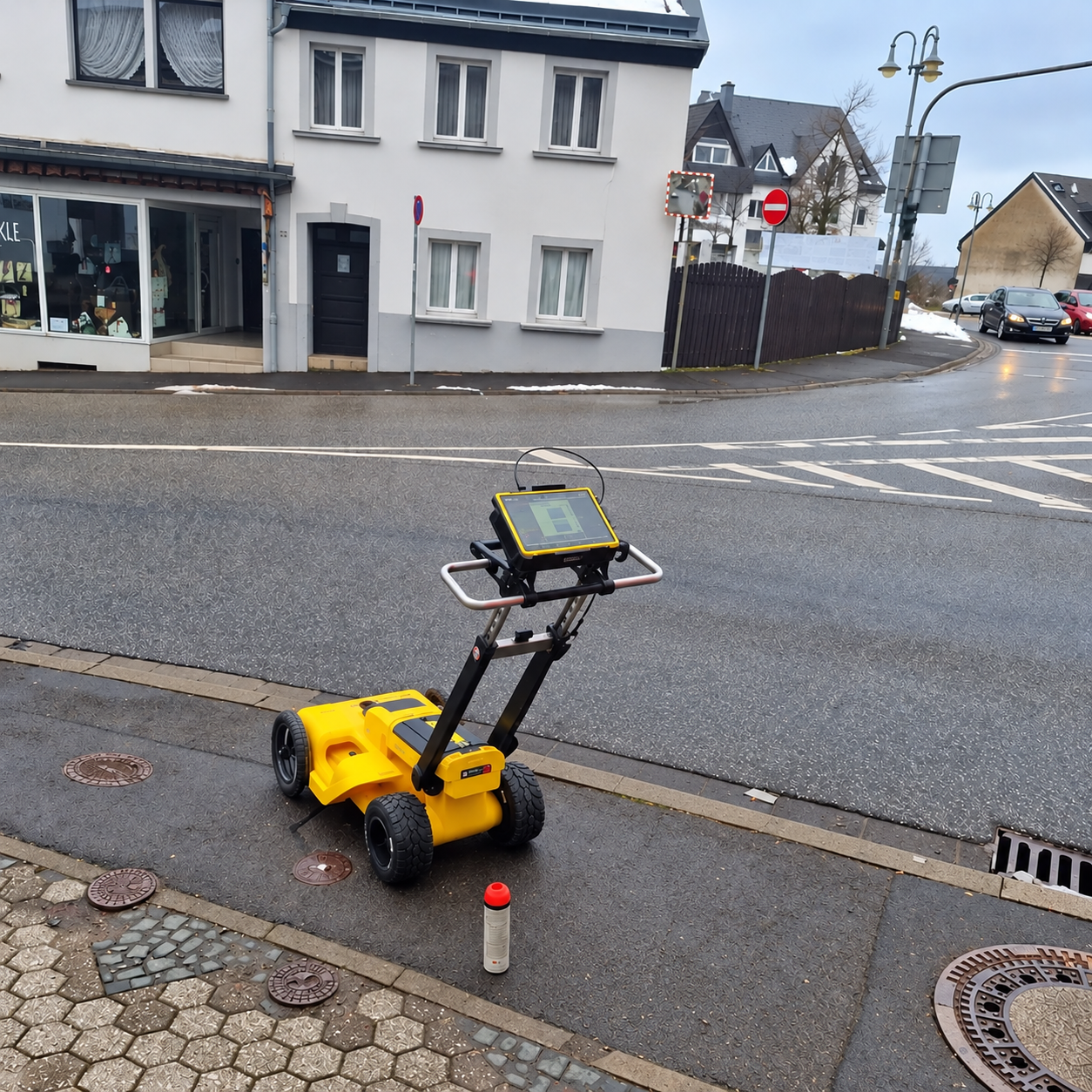 Persona usando una máquina barredora en la calle
