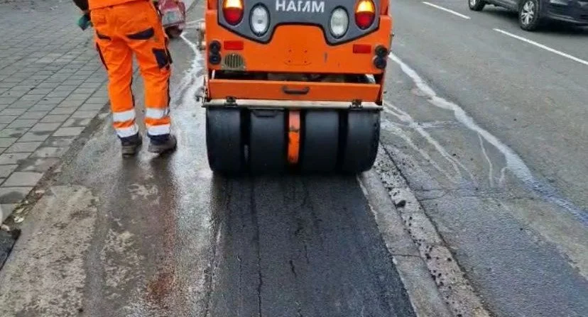 Raya de asfalto recién pintada junto a un seto y una barricada de construcción en una calle