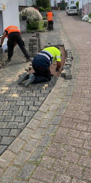 Trabajadores colocando adoquines para arreglar una calle o acera.