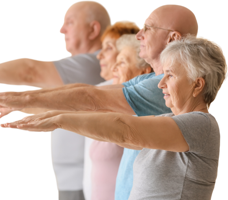 Healthspan Heros (senior adults) practicing seated yoga or stretching exercise with arms extended