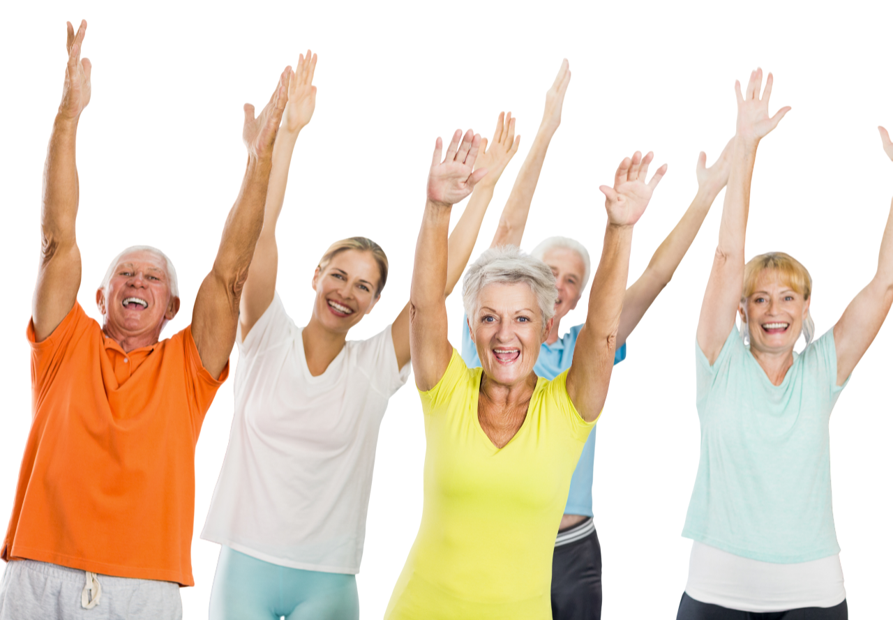 Healthspan Heros (senior adults) exercising together with arms raised, smiling, wearing colourful workout clothes.