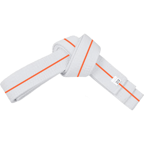 PAMA - White and orange stripe martial arts belt tied up.