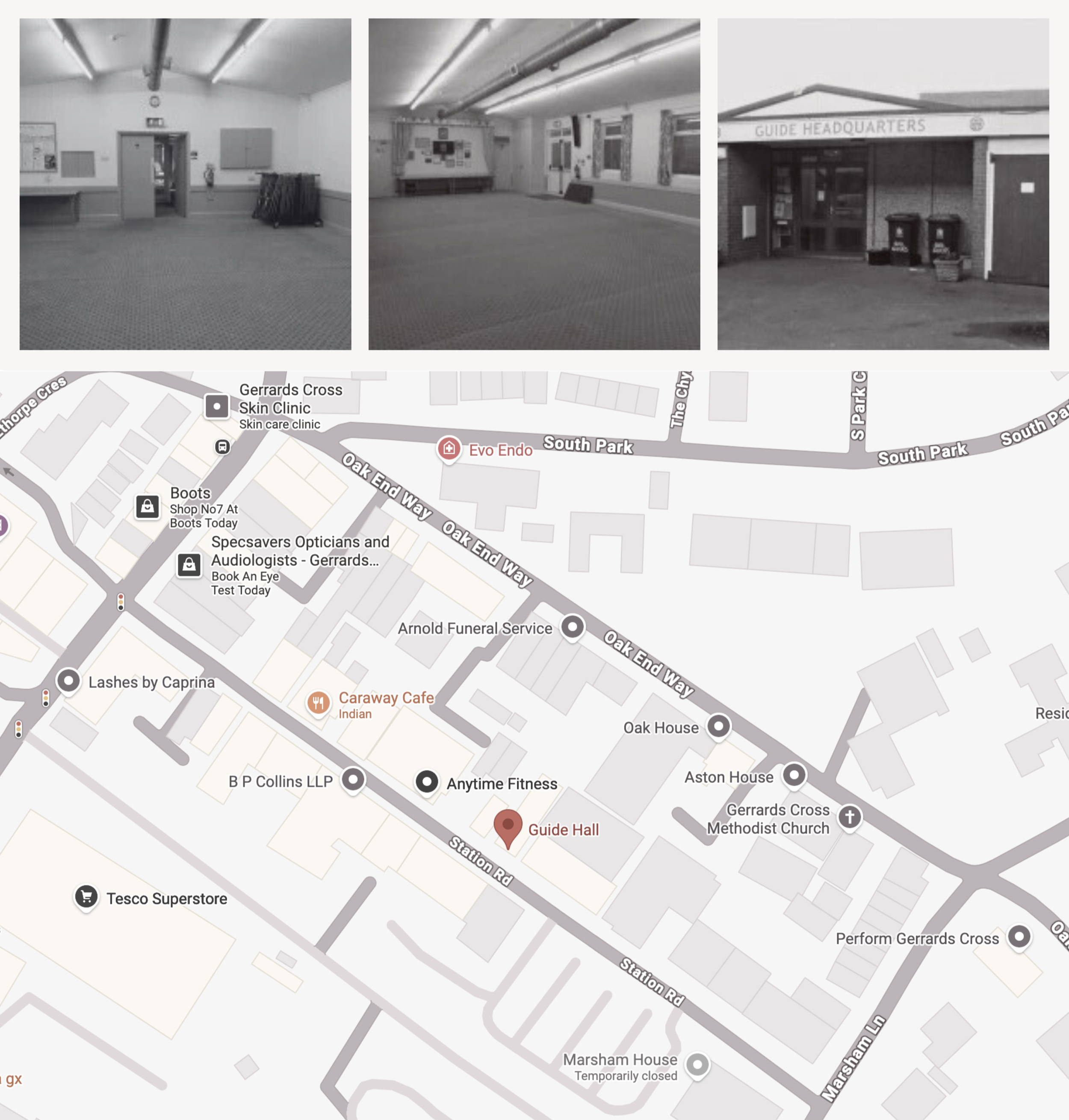 Three black-and-white photos and a map of the landmark Guide Hall. Our very first a fitness centre where me started to provide training on a regularly.