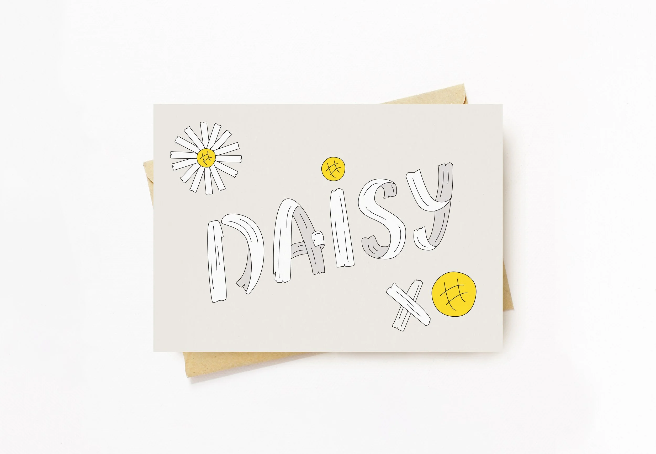 Postcard design with bespoke lettering that reads 'Daisy'. Each letter is made out of petals. Deconstructed daisy created XO motif.