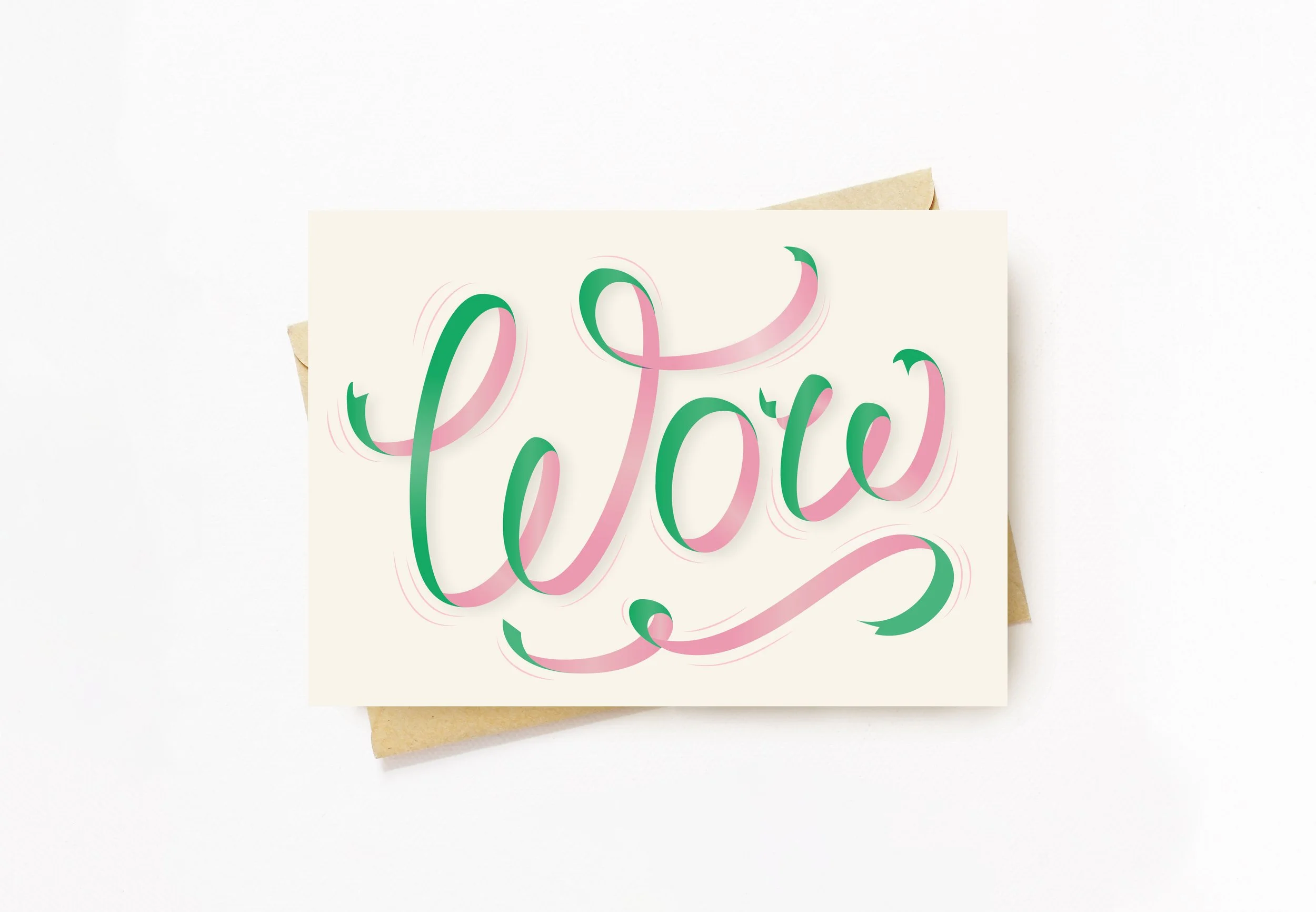 Postcard design with bespoke ribbon lettering that reads 'Wow'. Beautiful apple green and pink colour scheme.