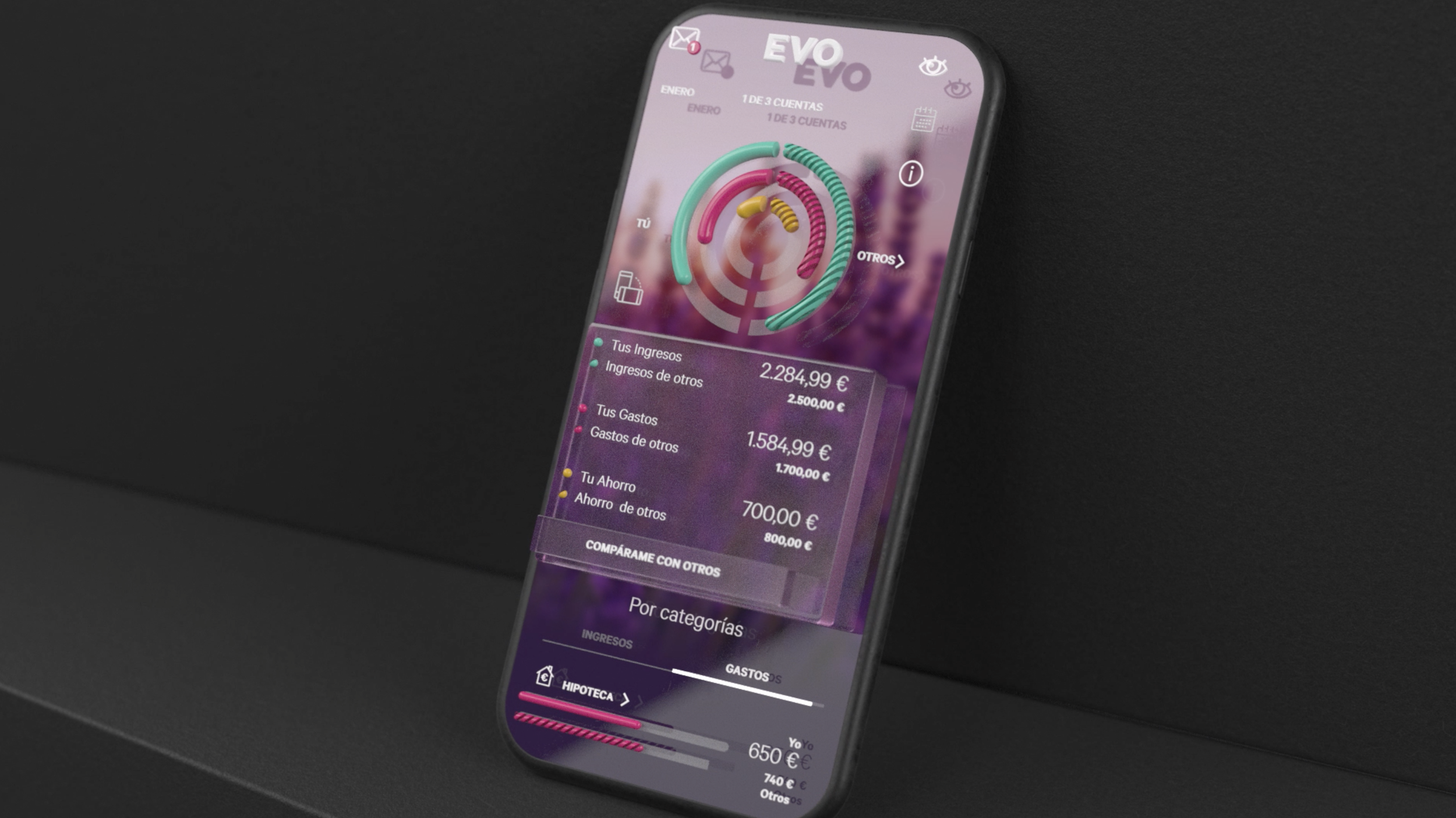 A smartphone displaying a financial tracking app with purple and pink themes, showing income, expenses, and savings for January.