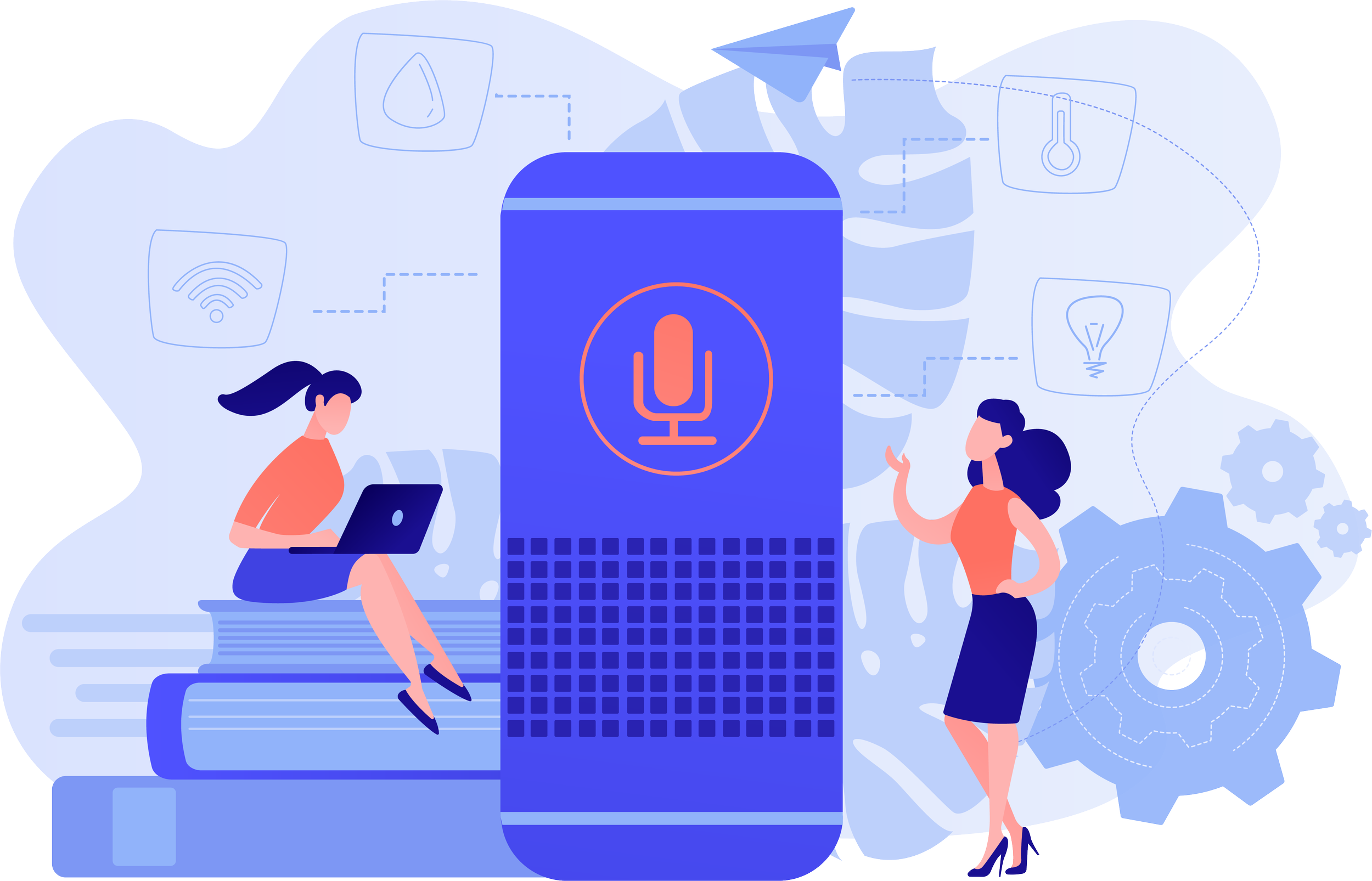 Digital illustration of two women interacting with technology. One woman sitting on large stacked books using a laptop, and the other standing beside a large microphone icon on a blue device. The background features icons related to Wi-Fi, temperature, light bulb, and settings.