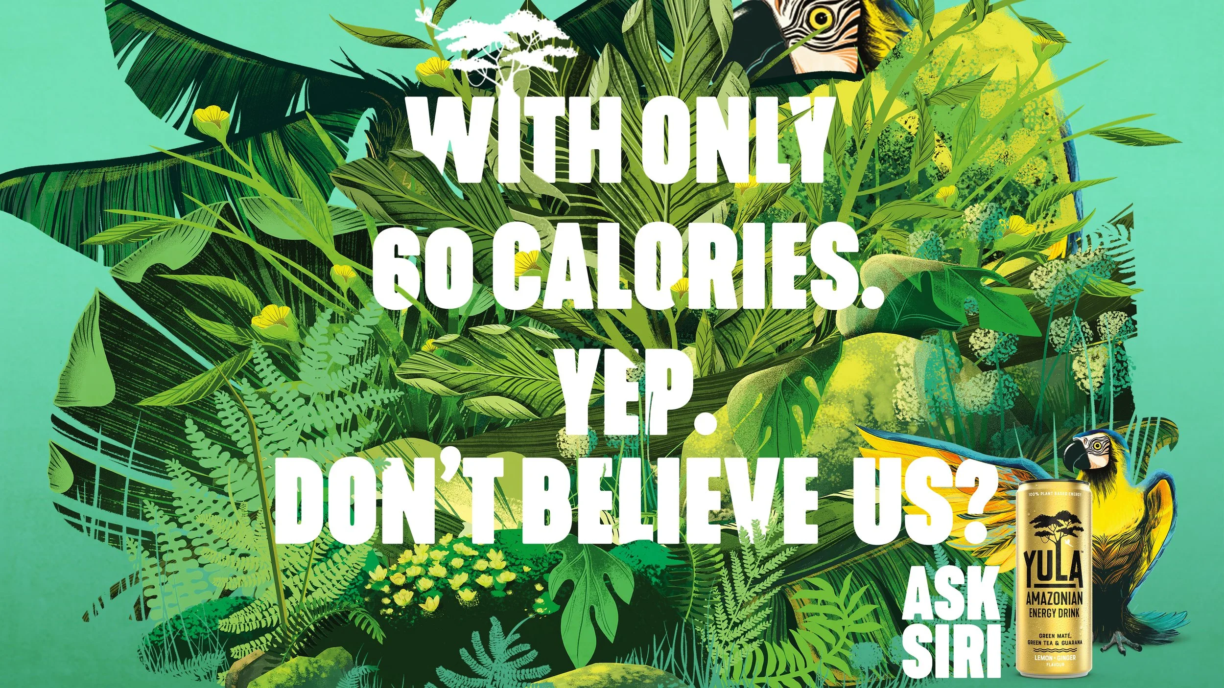 A vibrant jungle scene with various tropical plants and a colorful toucan holding a can of YULA Amazonian energy drink, with bold white text overlay asking if they have only 60 calories and encouraging to ask Siri.