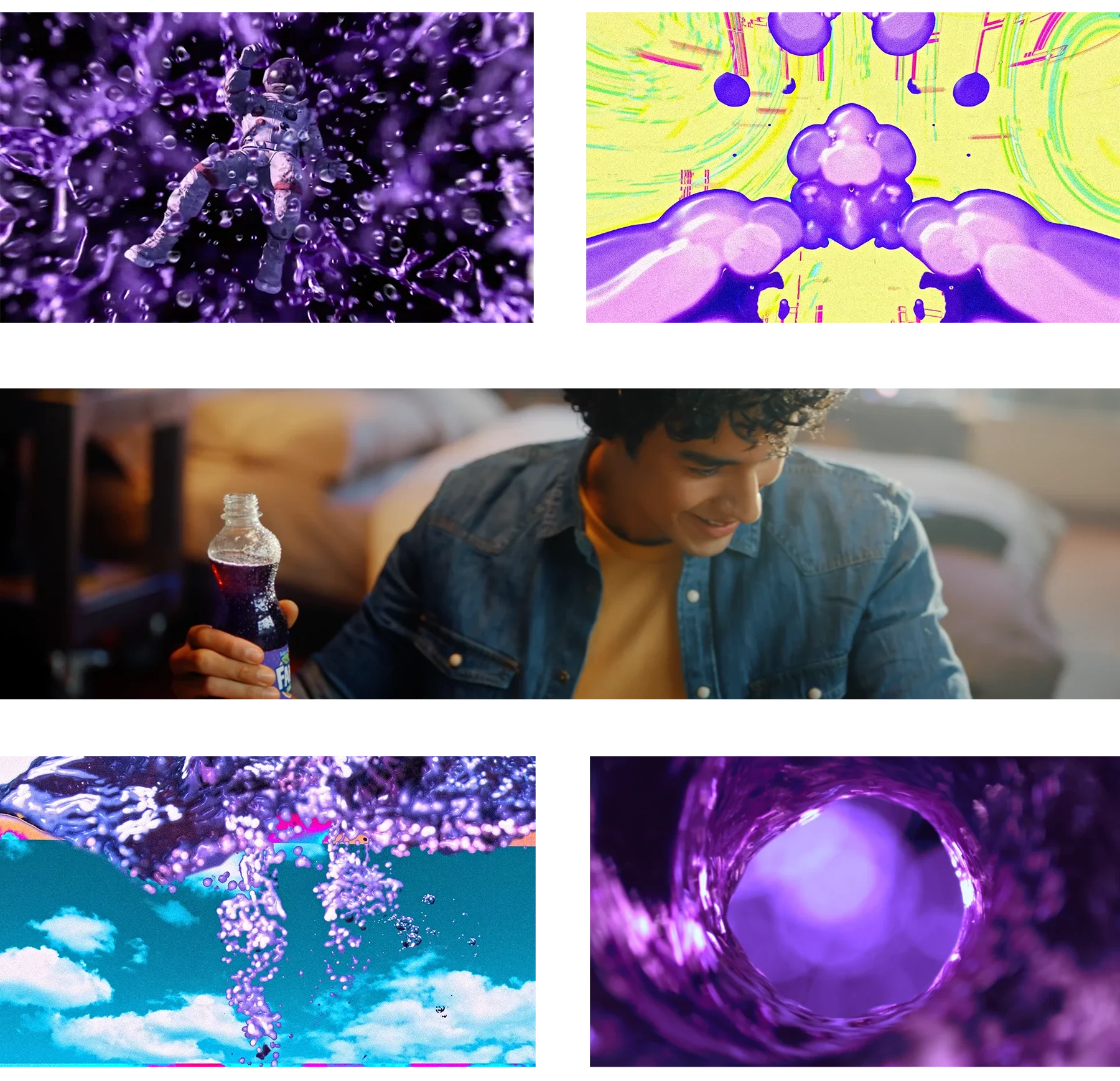 A collage of five images: top left shows a person floating in a purple, bubbly environment; top right shows an abstract purple and yellow digital artwork; middle shows a smiling young man with curly hair sitting indoors, holding a plastic bottle of soda; bottom left depicts purple liquid and bubbles splashing upward against a bright blue sky with white clouds; bottom right presents an inner view of a purple, tubular, glossy structure with light shining through.