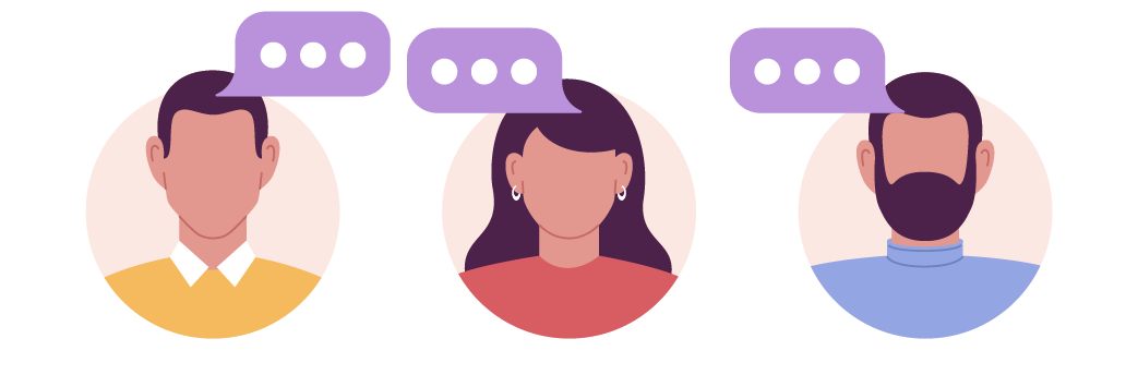 Illustration of three people having a conversation, each with a speech bubble above their head.