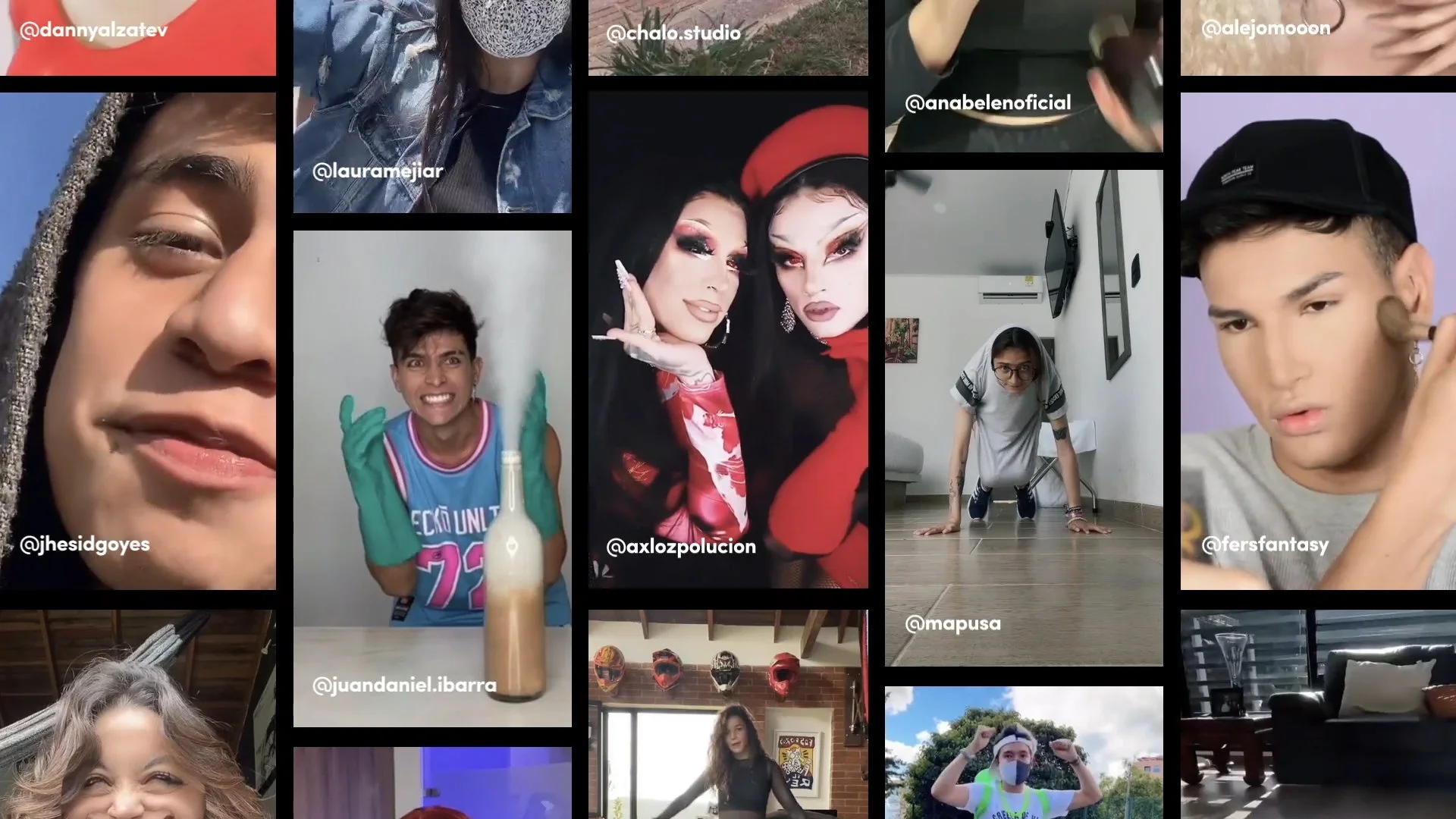 Collage of various TikTok or social media video clips featuring people in different settings and poses, including close-ups, women, men, and interiors.