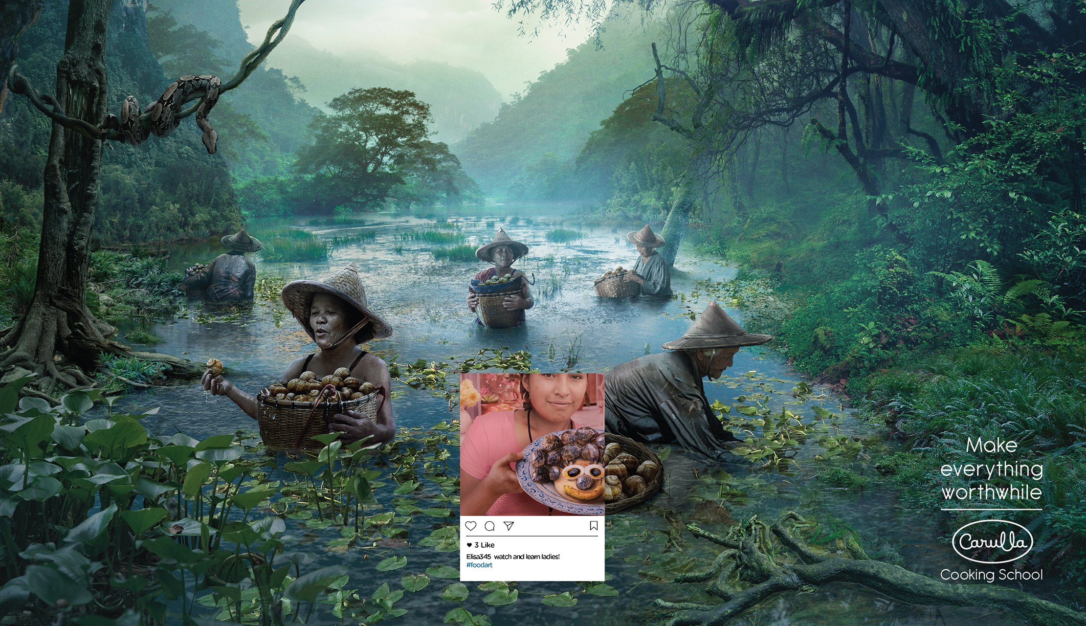 A digitally edited image shows a lush green forest with a river where several elderly women in traditional hats are wading and collecting items from the water. In the foreground, a woman holds a basket filled with round objects, and there is an inset image of a young woman holding a plate with food, including a cookie decorated with a face. Text in the bottom right corner reads "Make everything worthwhile" and "Carulla Cooking School."