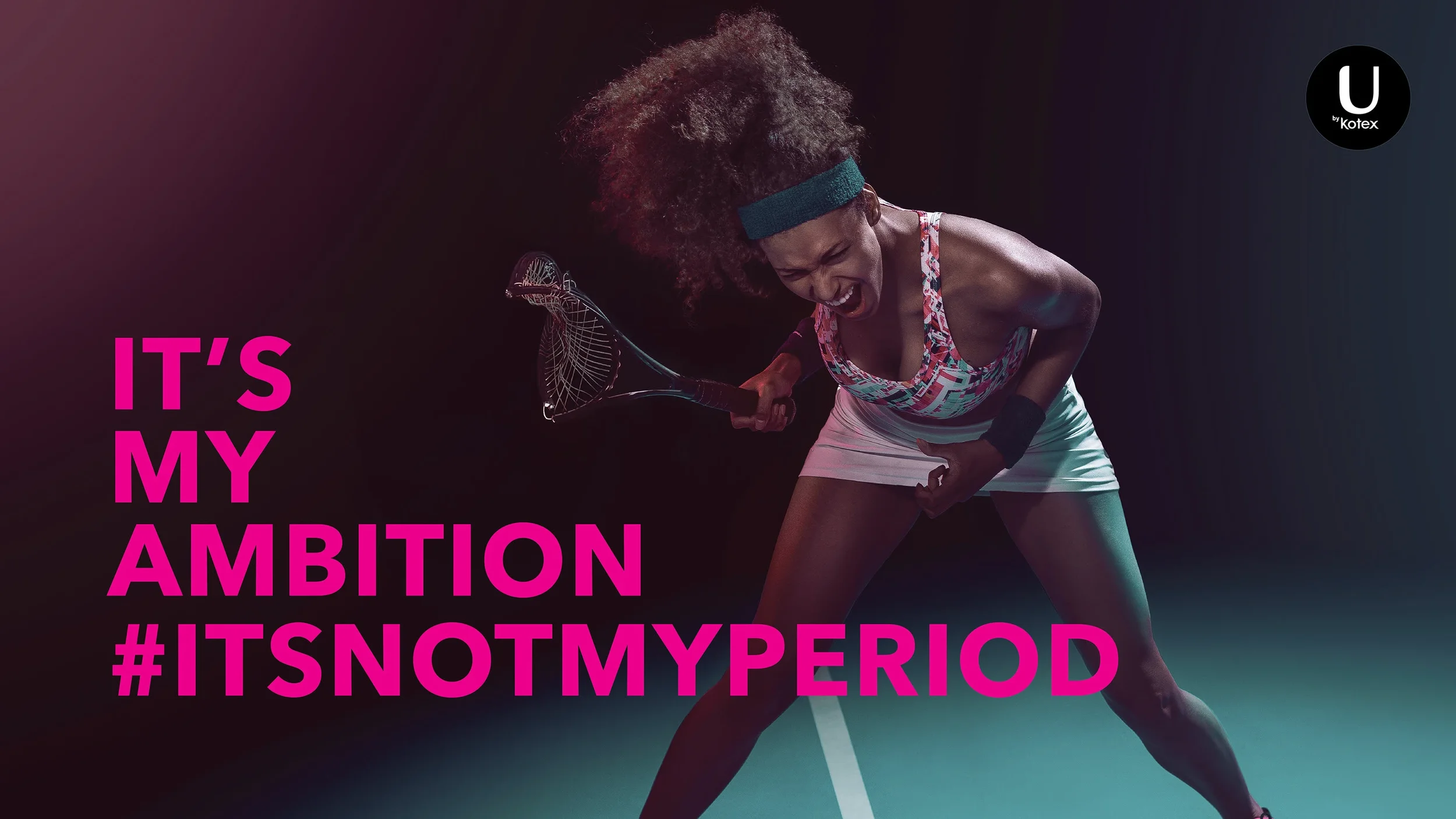 A woman in athletic clothing holding a tennis racket, appearing frustrated or upset, with the text 'IT'S MY AMBITION #ITSNOTMYPERIOD' in pink letters.