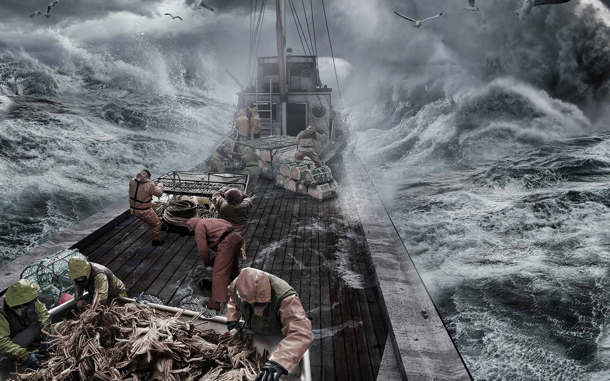 Sea crew adjusting fishing gear on a boat in stormy weather while seagulls fly overhead.