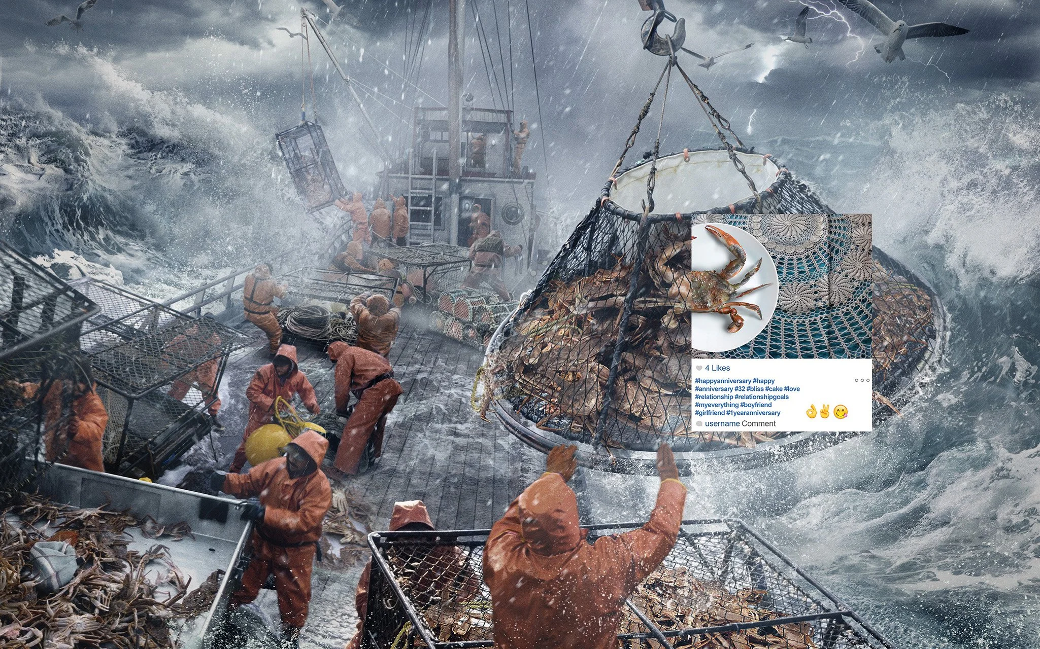 A dramatic scene of a ship caught in a storm with large waves and lightning, crew members in orange raincoats working on deck, with a superimposed image of a lobster on a plate on the right side.