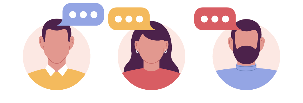 Illustration of three people with dialogue bubbles showing they are having a conversation.