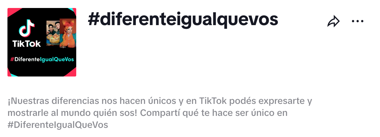 TikTok profile with the hashtag #diferenteigualquevos, featuring a logo and three video thumbnails including a person in a black shirt, a person with colorful hair, and a person with orange hair, with a text description in Spanish about celebrating differences and uniqueness.