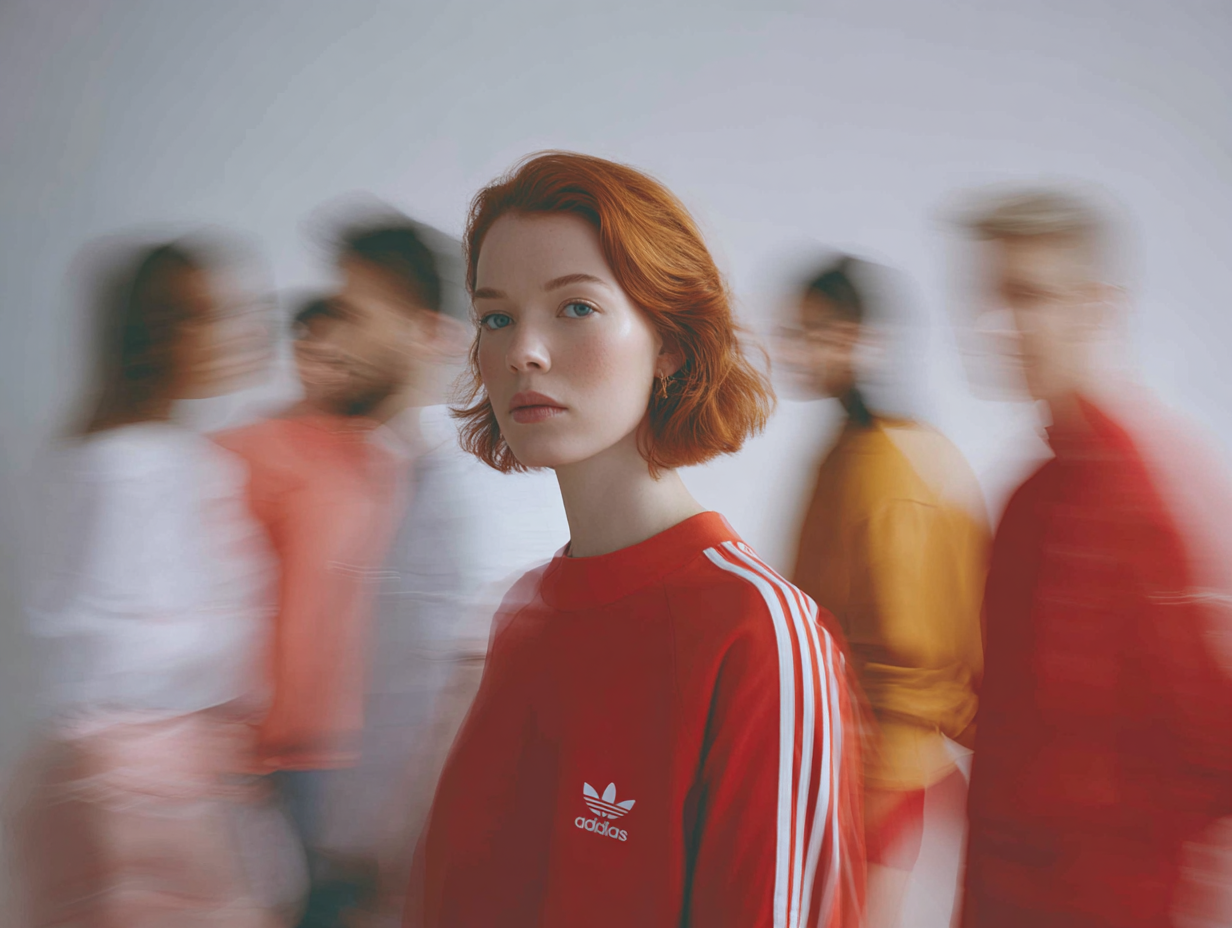 A young woman with red hair wearing a red Adidas sports jacket, standing in front of a blurred group of people.