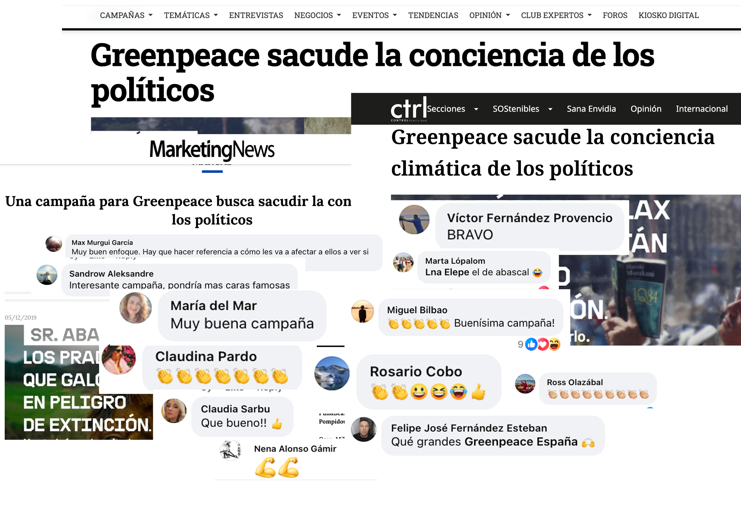 A screenshot of two news articles in Spanish about Greenpeace raising awareness among politicians about climate change. The left article is titled 'Greenpeace busca sacar la conciencia de los políticos' and the right 'Greenpeace sacude la conciencia climática de los políticos.' Both articles feature comments from various people, including compliments and emojis, indicating public engagement with the campaign.