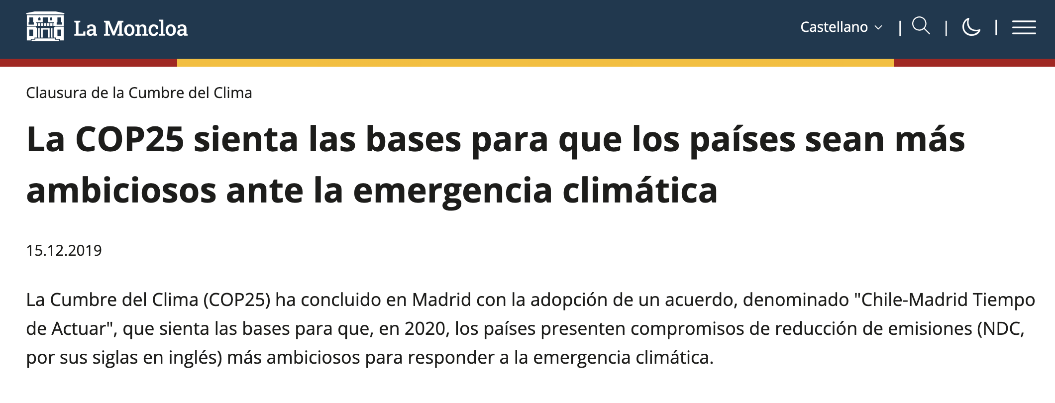 Screenshot of an article headline in Spanish about COP25 climate summit, with the date December 15, 2019, and part of the article text mentioning Madrid and the Chile-Madrid agreement.