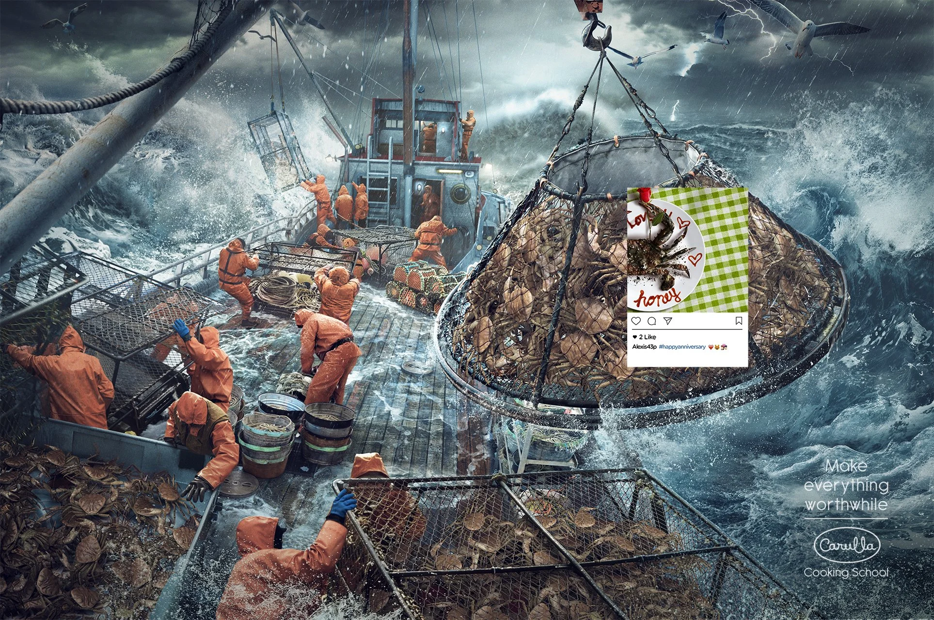 Fishermen on a boat working together to catch seafood amid a storm, with a large cage of marine life and a social media post overlayed in the foreground.
