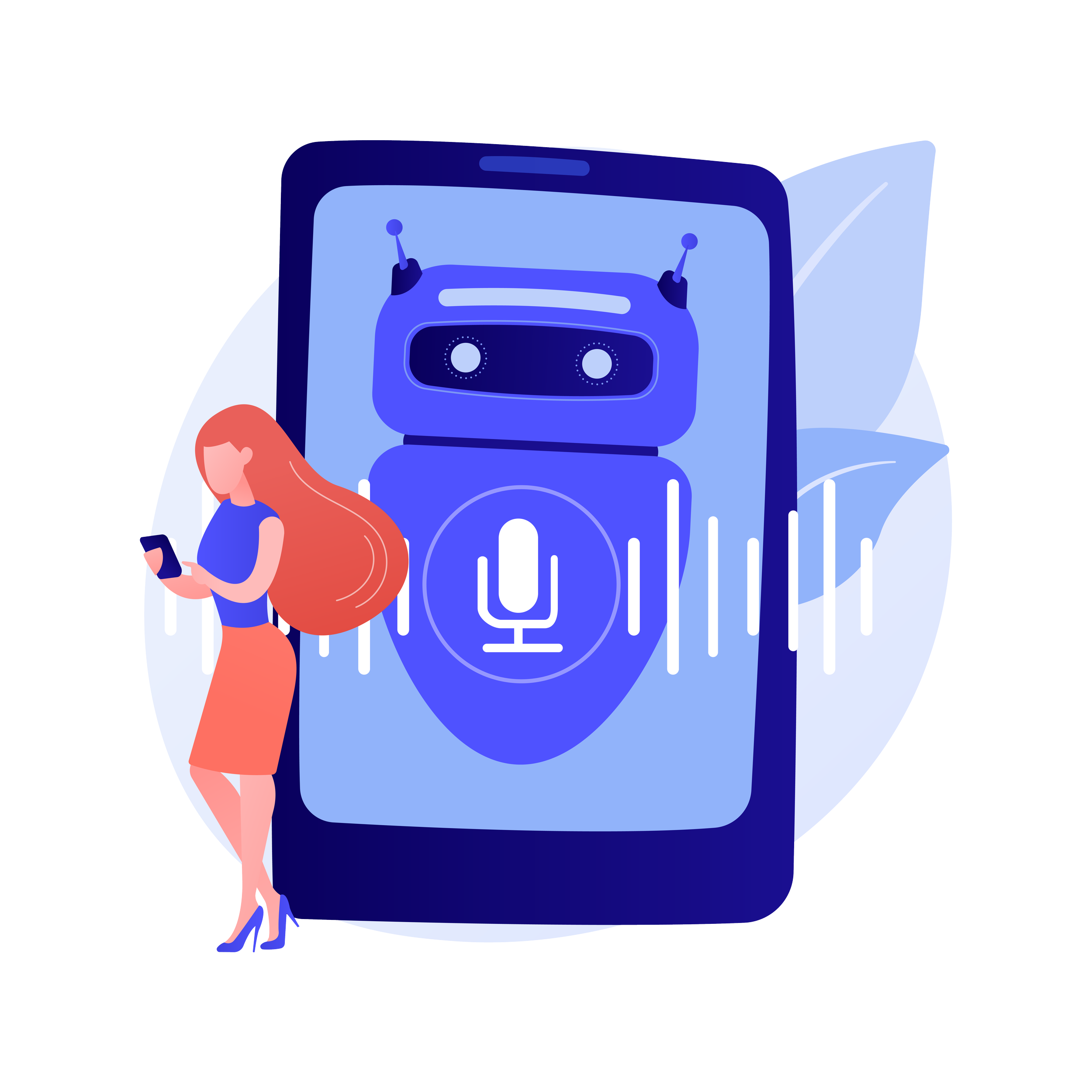 Illustration of a woman with red hair standing next to a large smartphone displaying a robot with a microphone symbol, representing AI voice assistant technology.