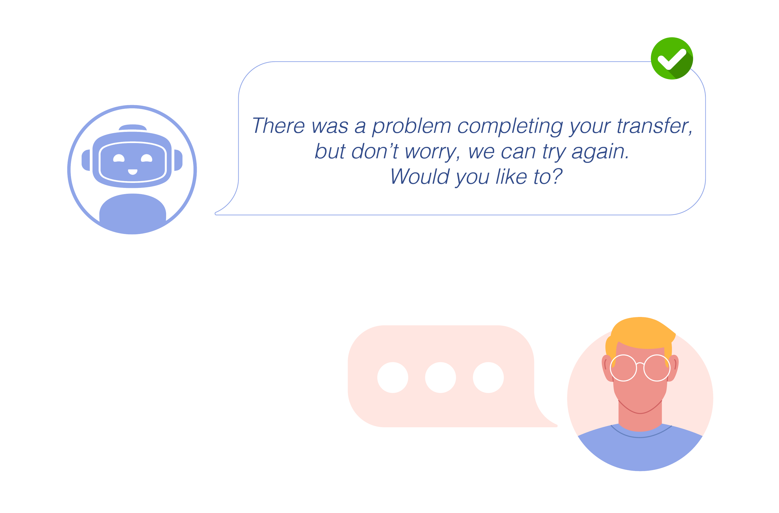 Chat conversation between a chatbot represented by a robot icon and a user with glasses. The chatbot indicates a transfer problem with a message, and the user responds with a question mark.