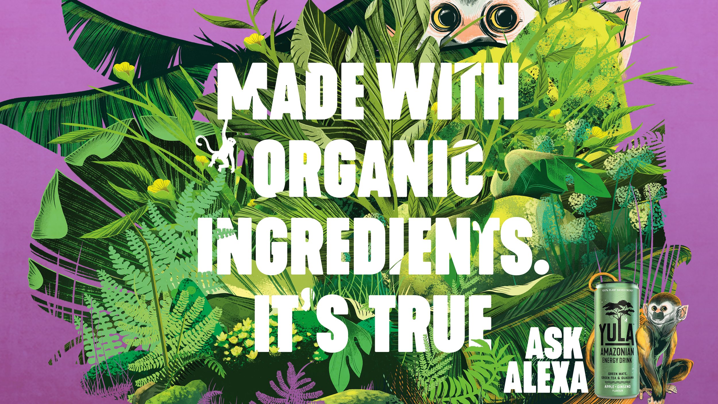 Colorful jungle-themed energy drink advertisement with large white text reading "Made with organic ingredients. It’s true. Ask Alexa." Featuring green foliage, a small monkey holding a Yula Amazonian energy drink, and a frog peeking over the leaves.