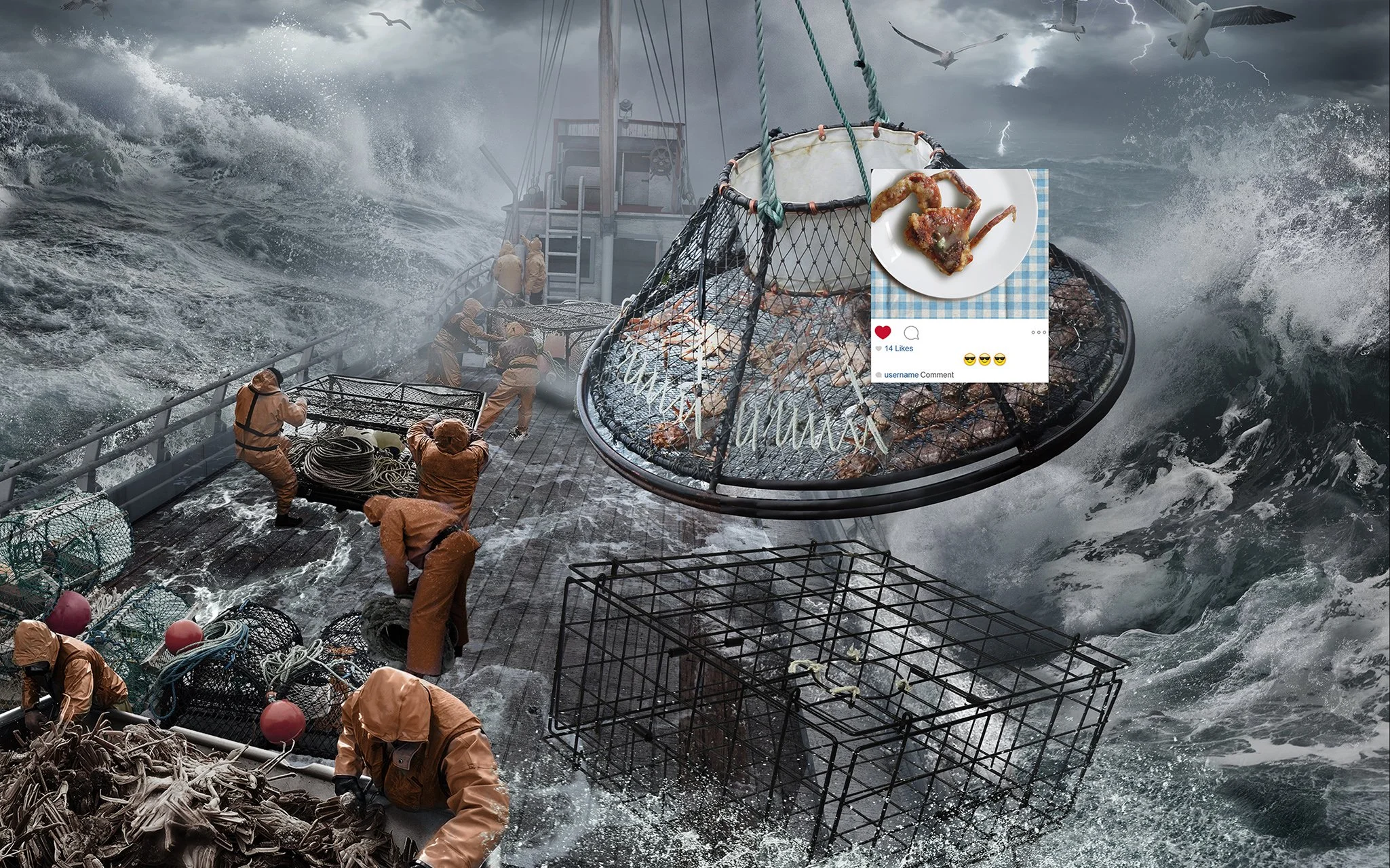 A stormy ocean scene showing a fishing boat with workers in orange waterproof gear, waves crashing, seagulls flying, and lightning in the sky. An overlay of a social media post featuring a plate of octopus and a comment with emojis is present on the image.