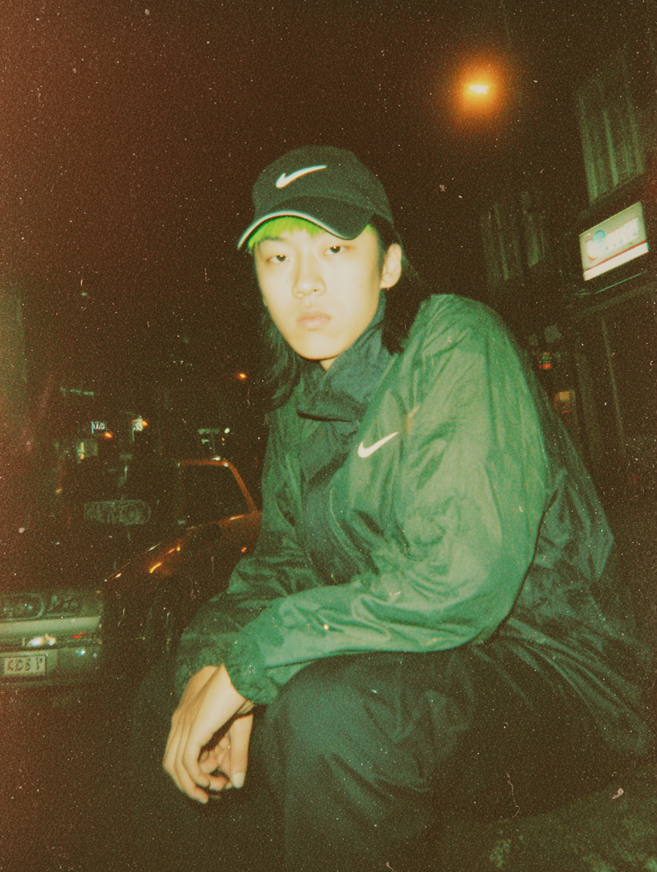 A young person sitting on the street at night, dressed in a green Nike jacket and a black Nike cap, with a serious expression, illuminated by streetlights and surrounded by parked cars.