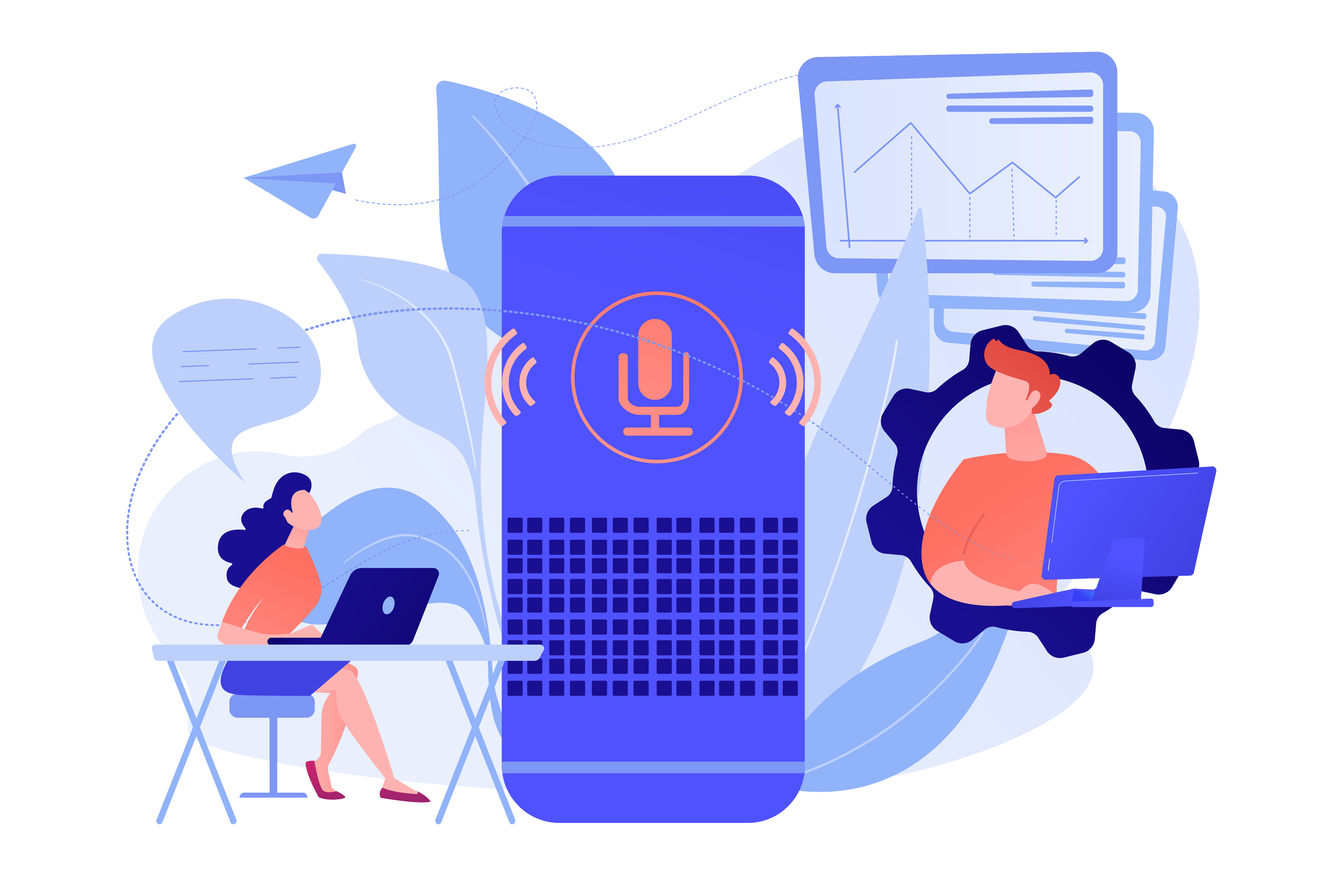 Stylized illustration of people working with computer and voice recognition technology, with charts and speech bubbles in the background.