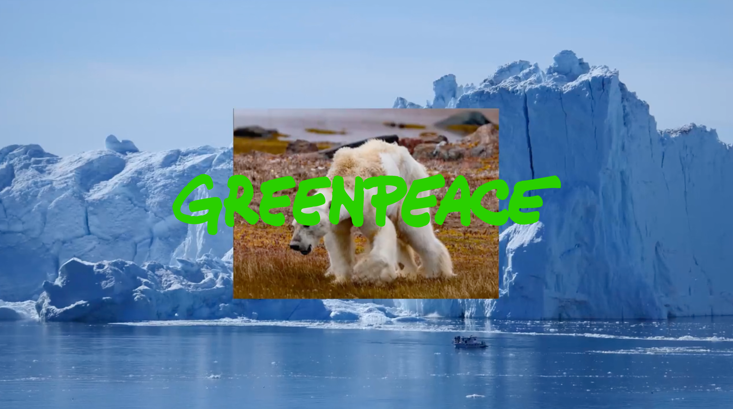 An iceberg in the ocean with a smaller inset image of a polar bear walking on land overlaid with the green text 'GREENPEACE'.