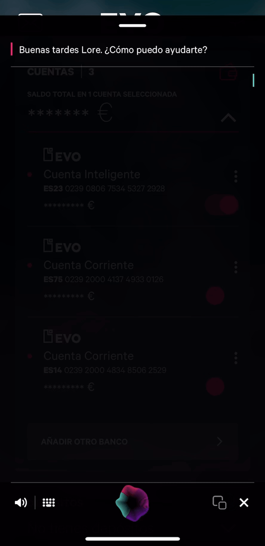 Screenshot of a mobile banking app showing multiple bank accounts, including 'Cuenta Inteligente' and 'Cuentas Corriente,' with account numbers and obscured balances in euros.