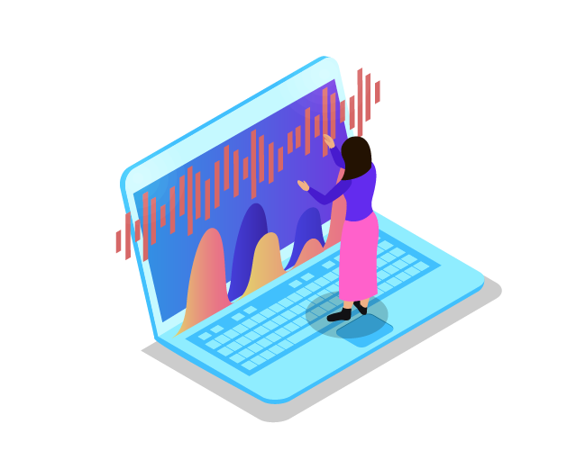 Illustration of a woman analyzing financial data on a large laptop screen showing colorful graphs and charts.