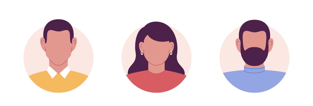 Illustration of three faceless diverse people with simple features and round backgrounds, representing a man, a woman, and a man.
