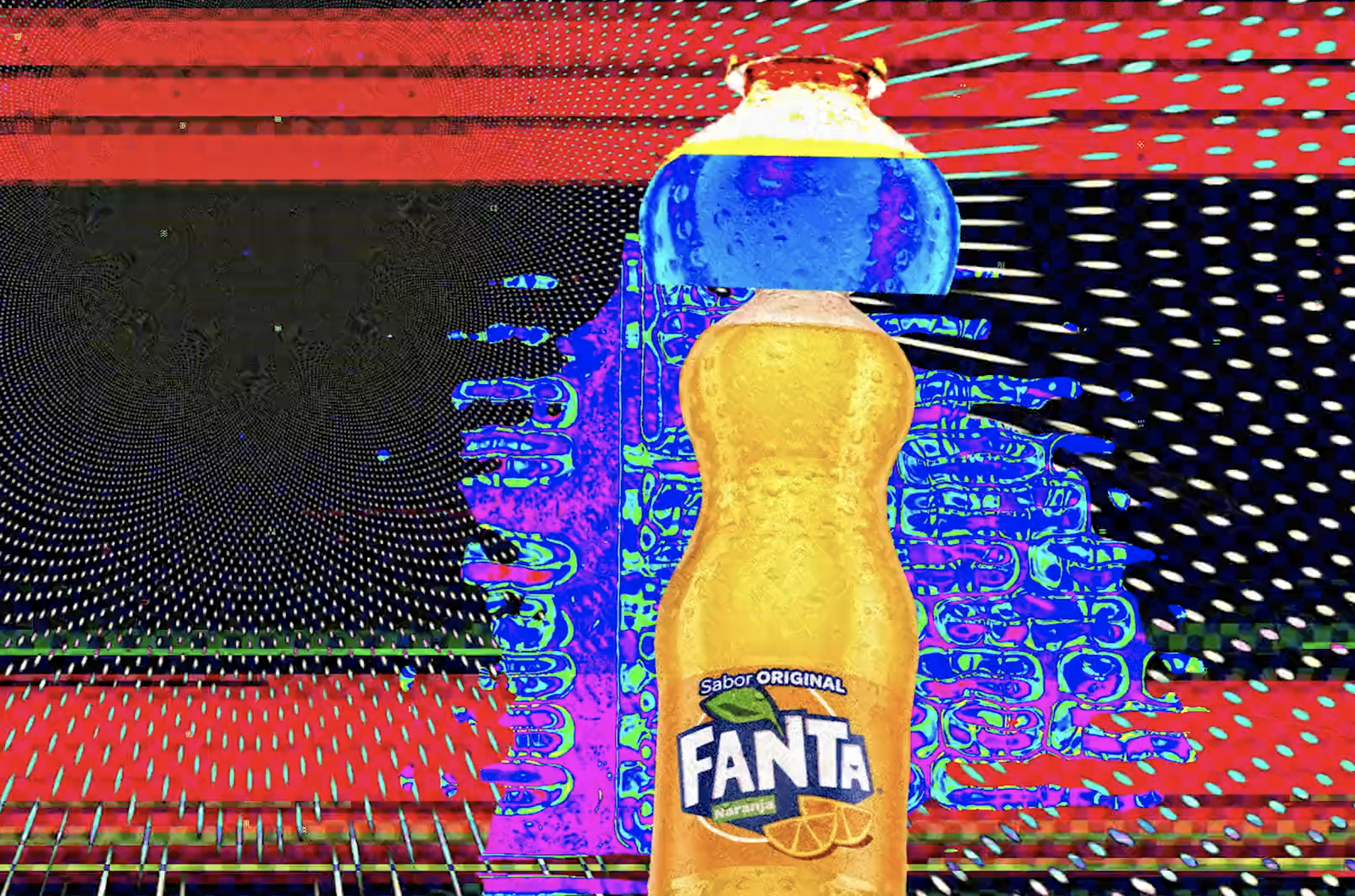 A tilted Fanta orange soda bottle with lemon and lime flavor label against a colorful, digitally altered abstract background with red, black, blue, purple, and green patterns.