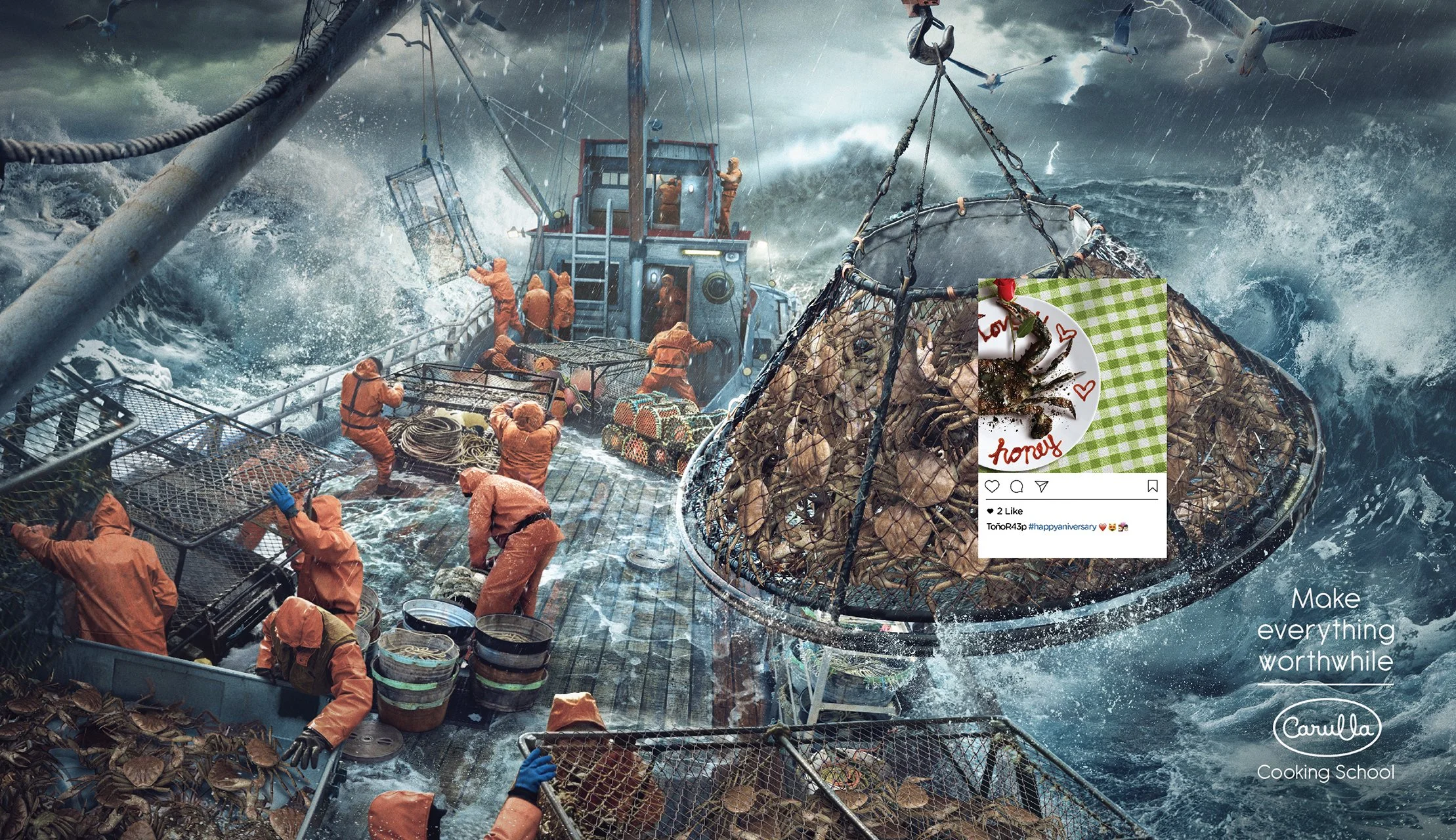 A large fishing boat at sea during stormy weather with crew members in orange rain gear working on deck. There is a massive cooking cage filled with lobsters hanging over the water, which has a printed Instagram post with a lobster on it. Lightning flashes in the sky.
