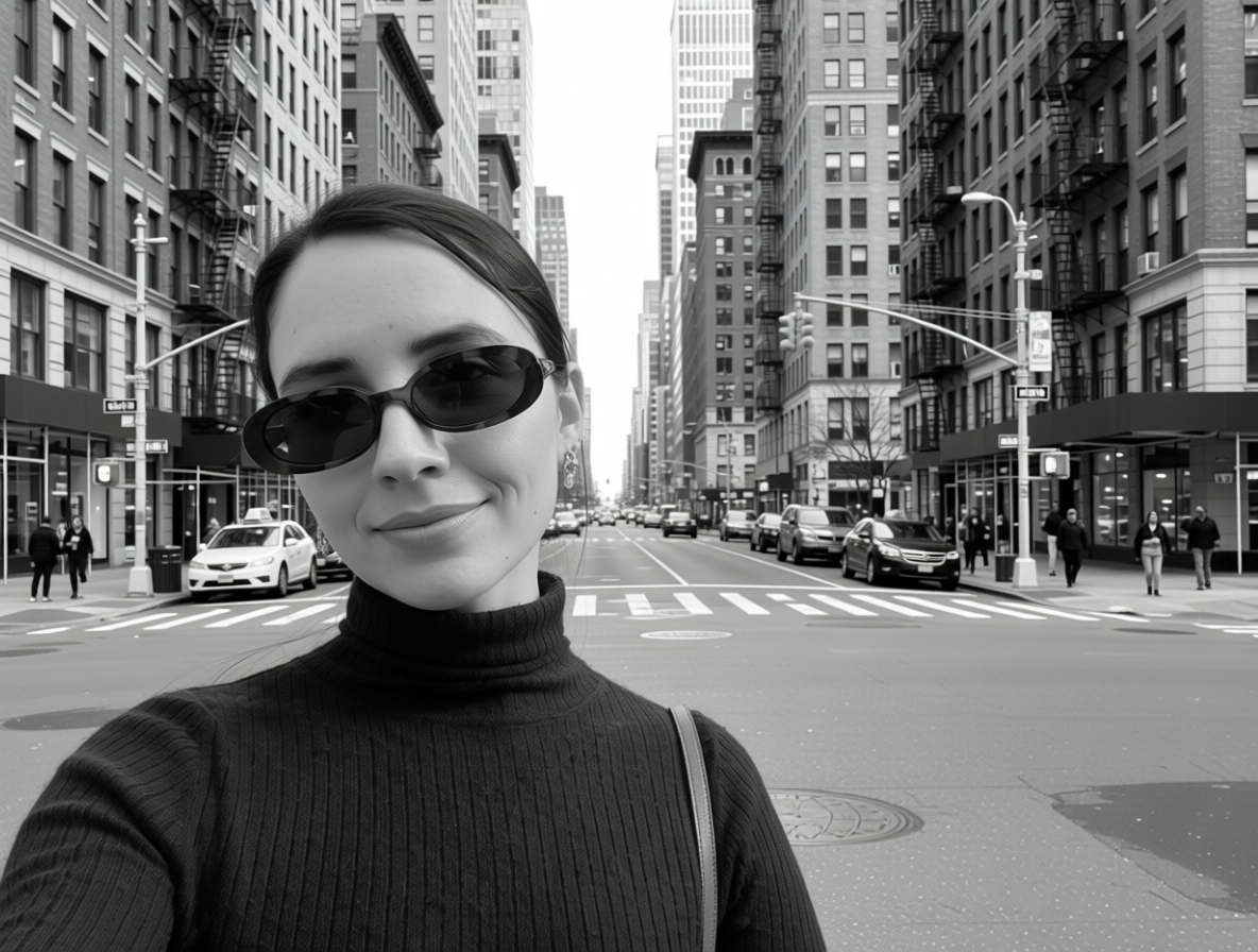 A woman wearing sunglasses and a turtleneck taking a selfie on a city street with tall buildings, cars, and pedestrians in black and white.