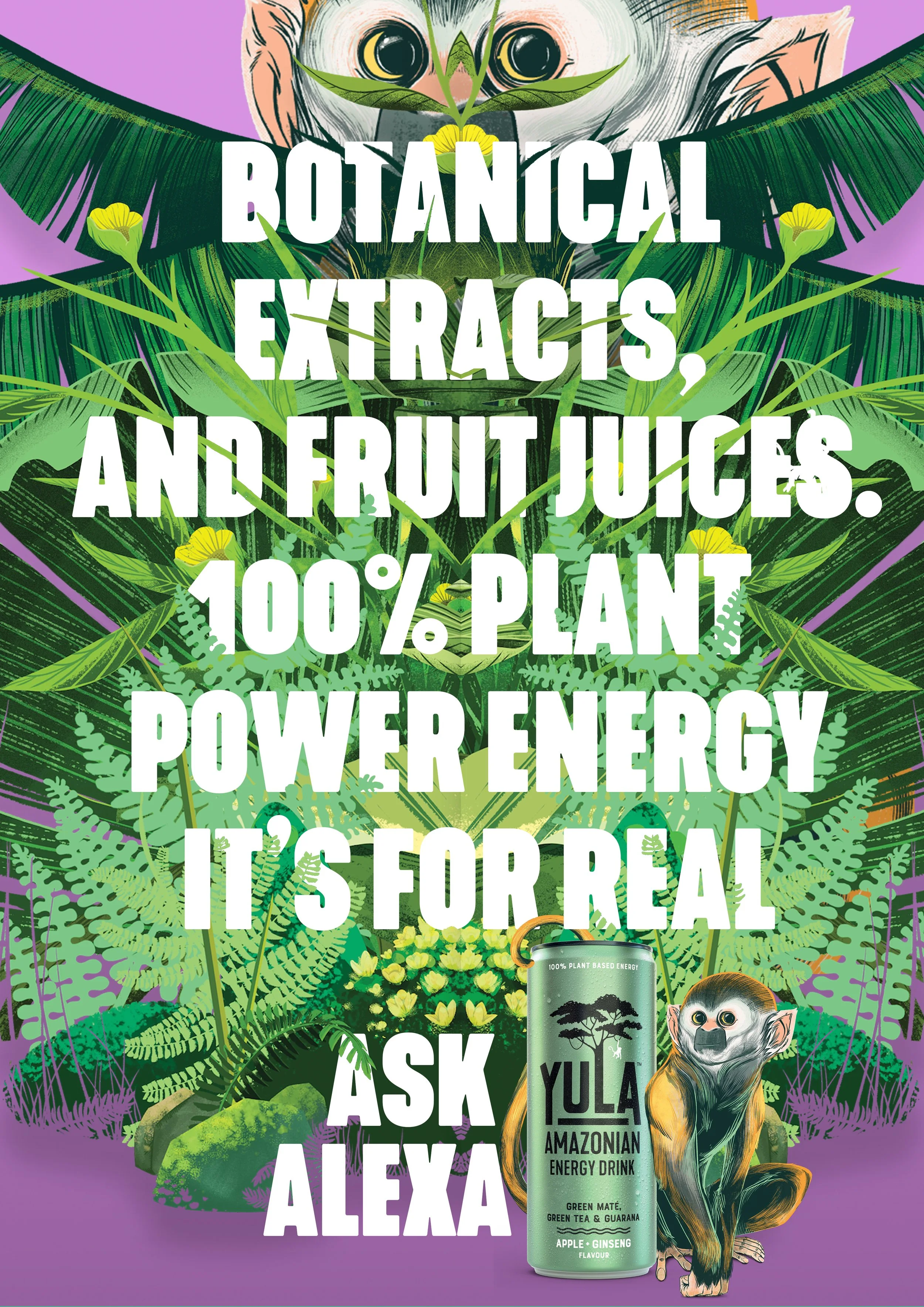 An illustrated poster promoting an energy drink made from botanical extracts, fruit juices, and 100% plant power energy. The background features dense green jungle foliage, a stylized monkey, and a can of YULA Amazonian Energy Drink with a green motif and a small monkey sitting beside it.