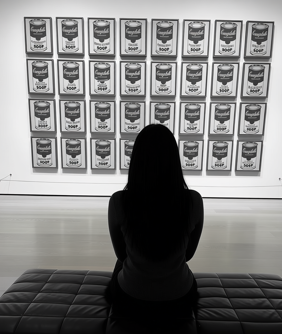 A person sitting on a black padded bench, facing an art display of multiple repeated images of Campbell's soup cans in a gallery.