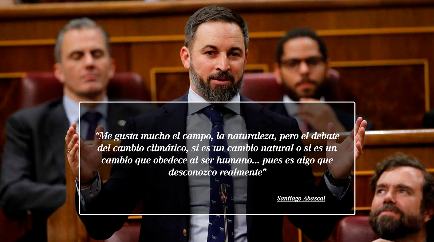 A man with a beard and dark hair, dressed in a suit and tie, speaking or gesturing in a formal setting, with two other men behind him. One man is on the left with gray hair and a gray suit, the other on the right with glasses and a beard. A quote in Spanish is overlaid on the image, attributed to Santiago Abascal.