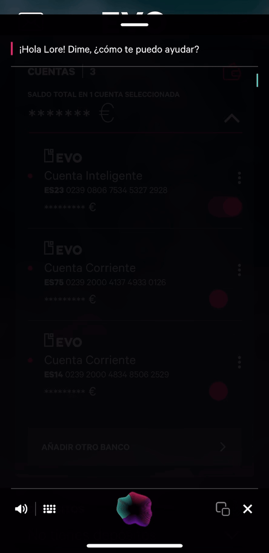 Screenshot of a mobile banking app showing multiple accounts, including a smart account, with masked balances and account numbers, and options to add another bank.